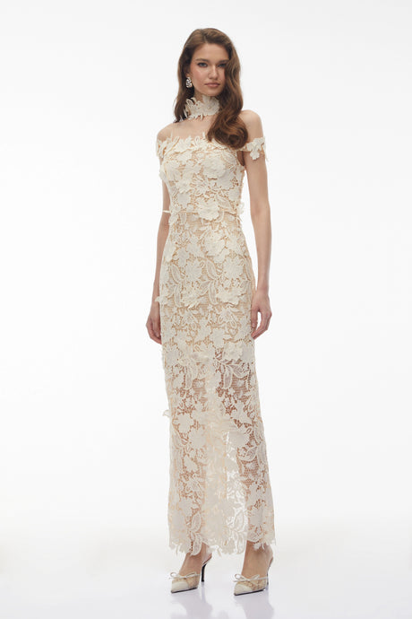 Celestina Maxi Dress White Beaded Lace with 3D Florals