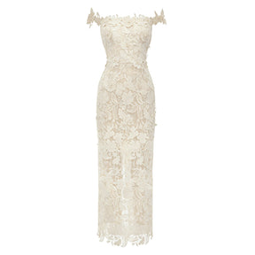 Hecate White Beaded Lace Maxi Dress with 3D Florals