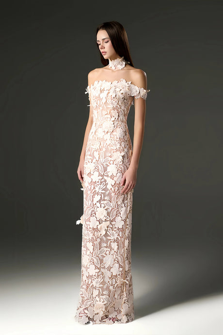 Rhea Maxi Dress White Beaded Lace with 3D Florals