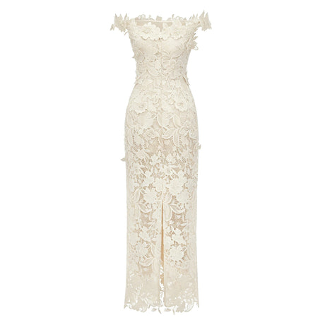 Rhea Maxi Dress White Beaded Lace with 3D Florals