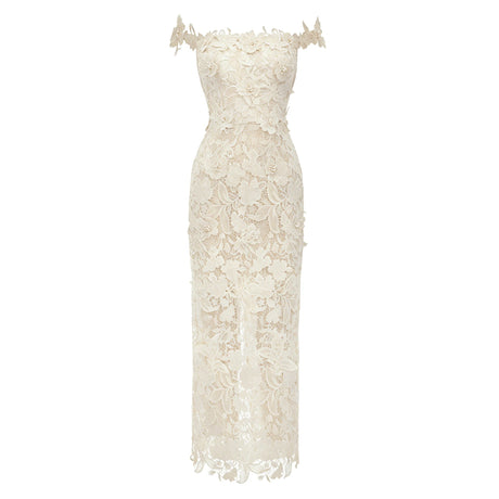 Rhea Maxi Dress White Beaded Lace with 3D Florals