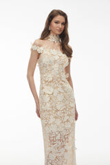 Hecate White Beaded Lace Maxi Dress with 3D Florals