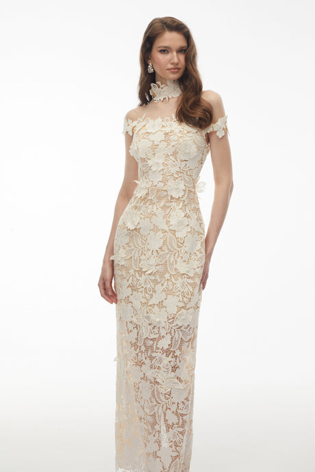 Celestina Maxi Dress White Beaded Lace with 3D Florals