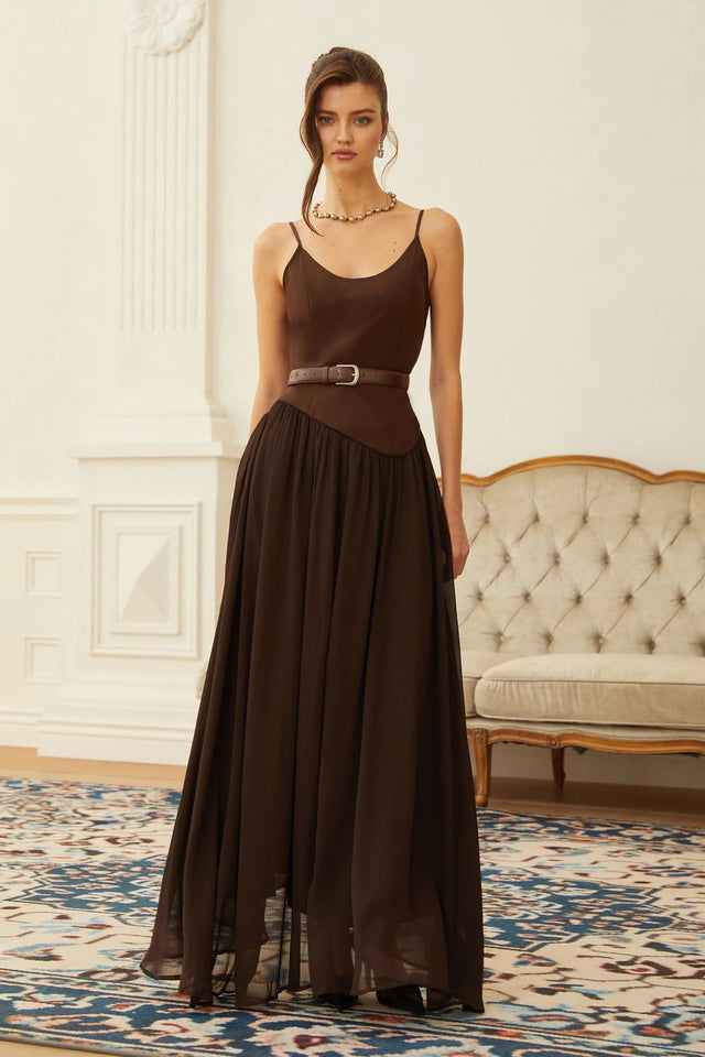 Hedda Brown Chiffon Panel Suede Maxi Dress