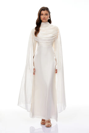 Hege Cream Glossy Ruched Cape Maxi Dress