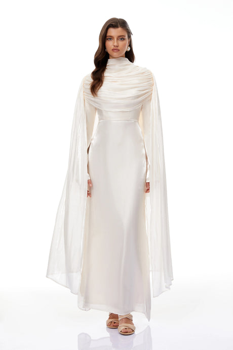 Makayla Maxi Dress Cream Glossy Ruched Cape