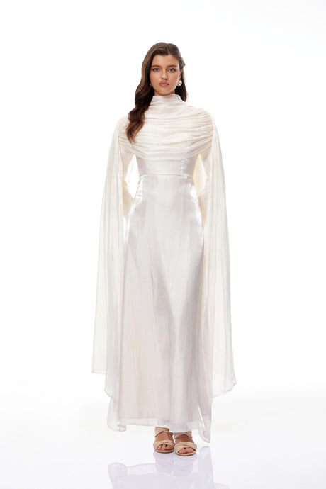 Makayla Maxi Dress Cream Glossy Ruched Cape