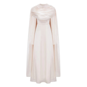 Hege Cream Glossy Ruched Cape Maxi Dress