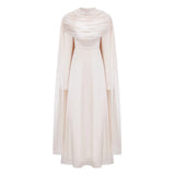 Hege Cream Glossy Ruched Cape Maxi Dress
