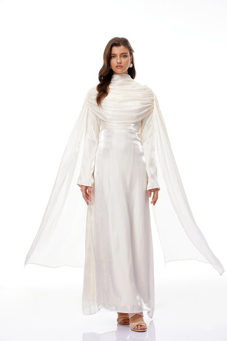 Makayla Maxi Dress Cream Glossy Ruched Cape