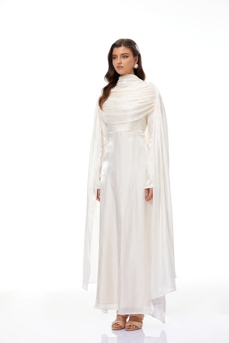 Makayla Maxi Dress Cream Glossy Ruched Cape