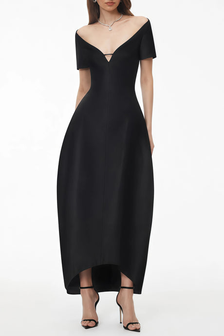 Zara Midi Dress Black Plunge Neck Asymmetrical