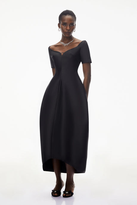 Skylar Midi Dress Black Plunge Neck Asymmetrical
