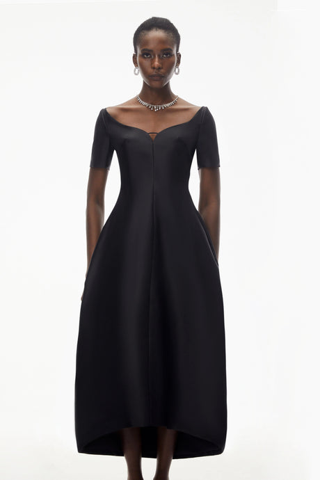 Skylar Midi Dress Black Plunge Neck Asymmetrical