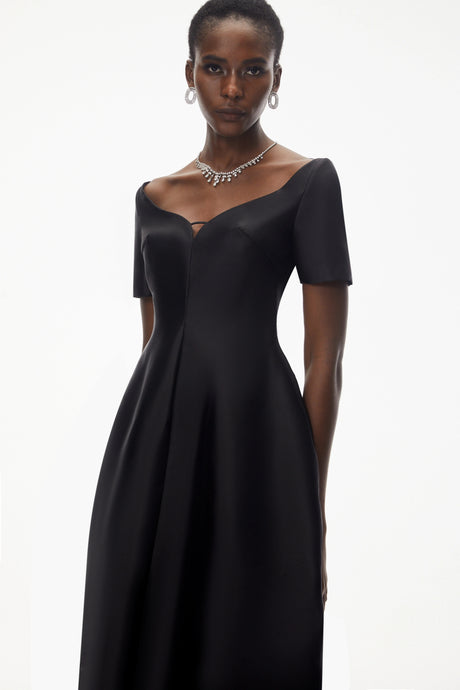 Skylar Midi Dress Black Plunge Neck Asymmetrical