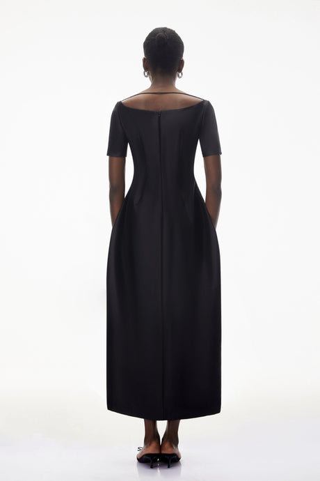 Skylar Midi Dress Black Plunge Neck Asymmetrical