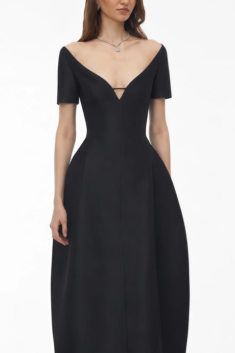Zara Midi Dress Black Plunge Neck Asymmetrical