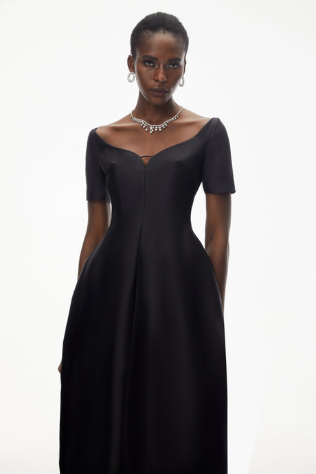 Skylar Midi Dress Black Plunge Neck Asymmetrical