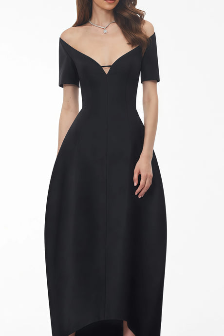 Zara Midi Dress Black Plunge Neck Asymmetrical