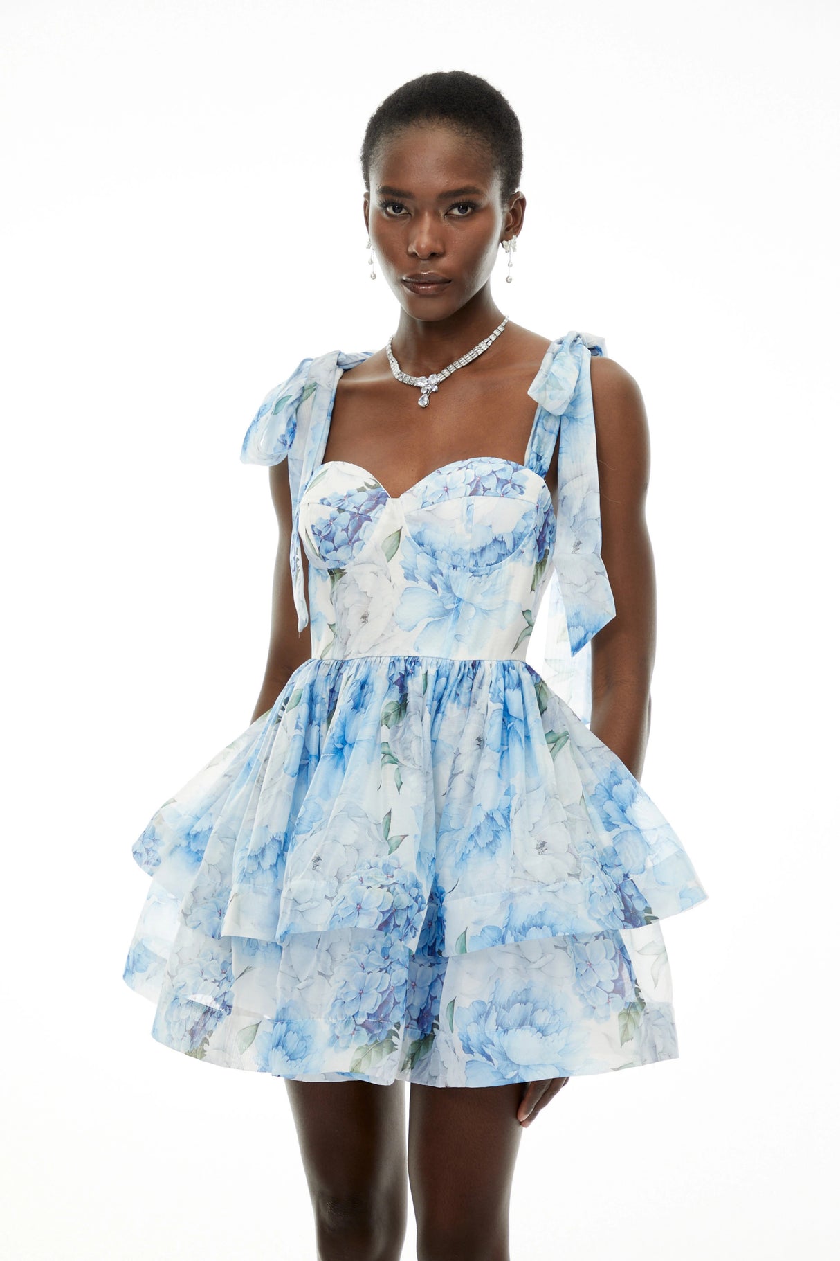 Hélène Blue Floral Print Flounced Mini Dress