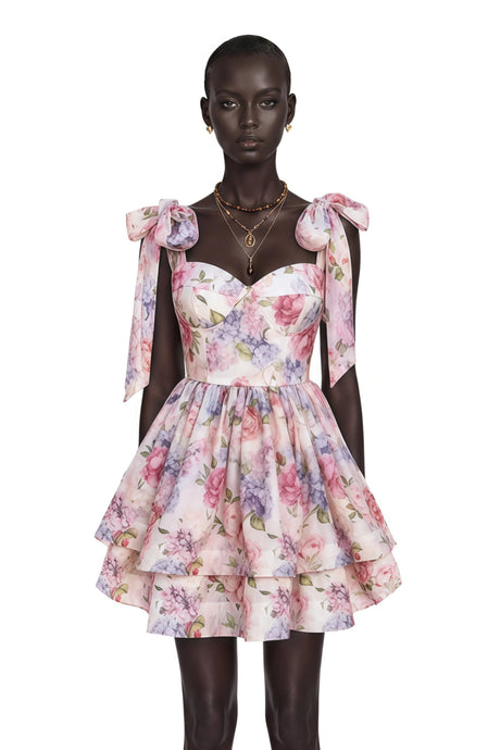 Lainey Mini Dress Multicolor Pink Floral Print Flounced