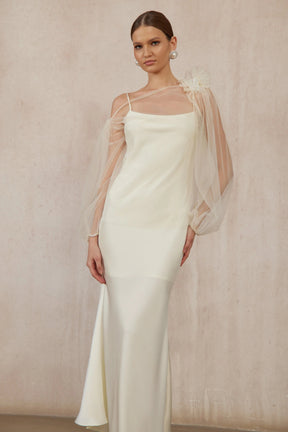 Héloïse White Floral Tulle Blouse  Satin Dress Set