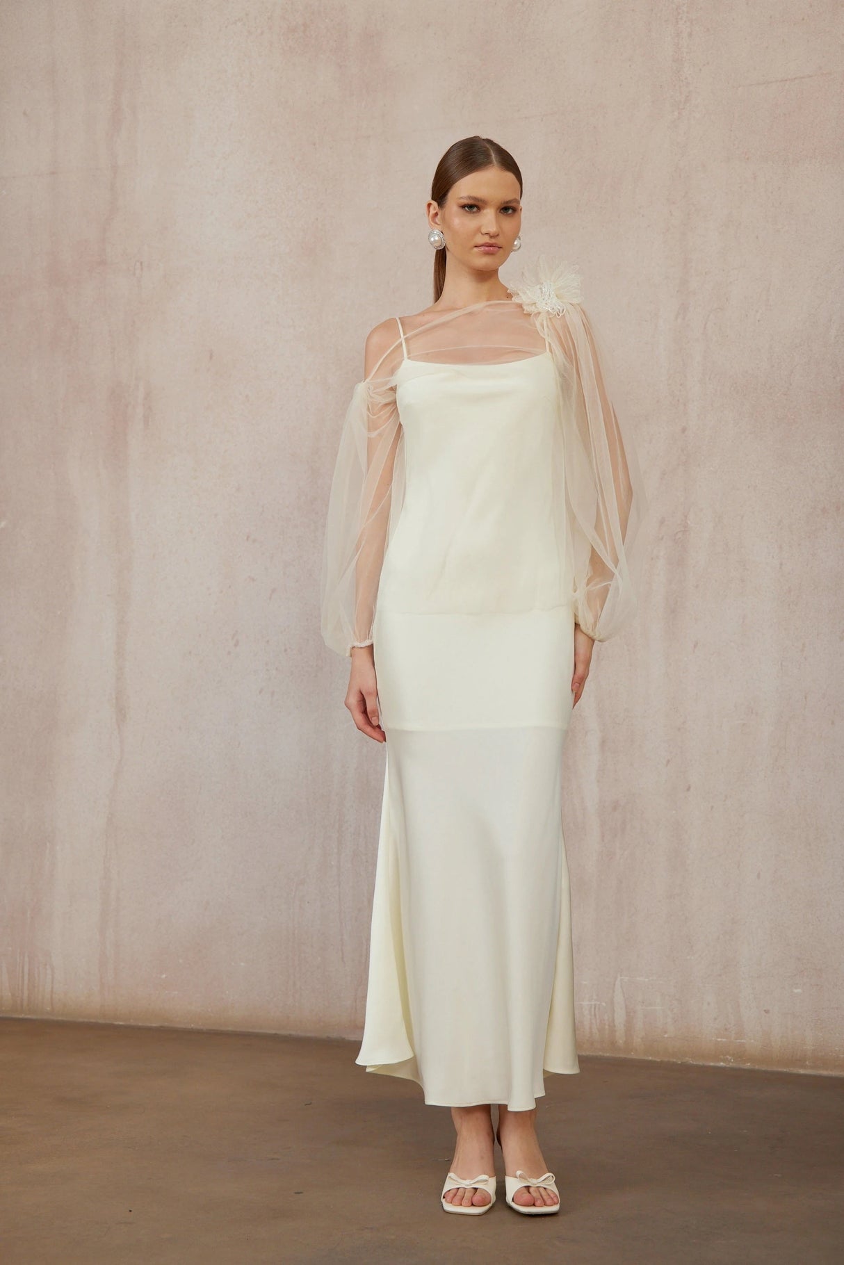 Héloïse White Floral Tulle Blouse  Satin Dress Set