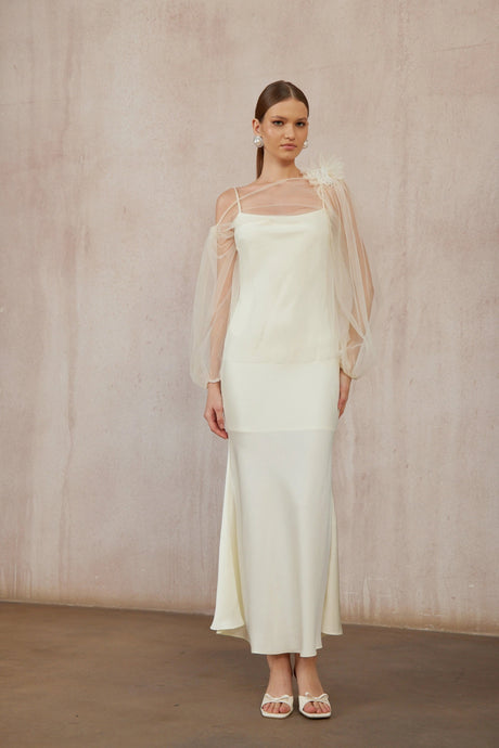 Meredith Dress White Floral Tulle Blouse & Satin Set
