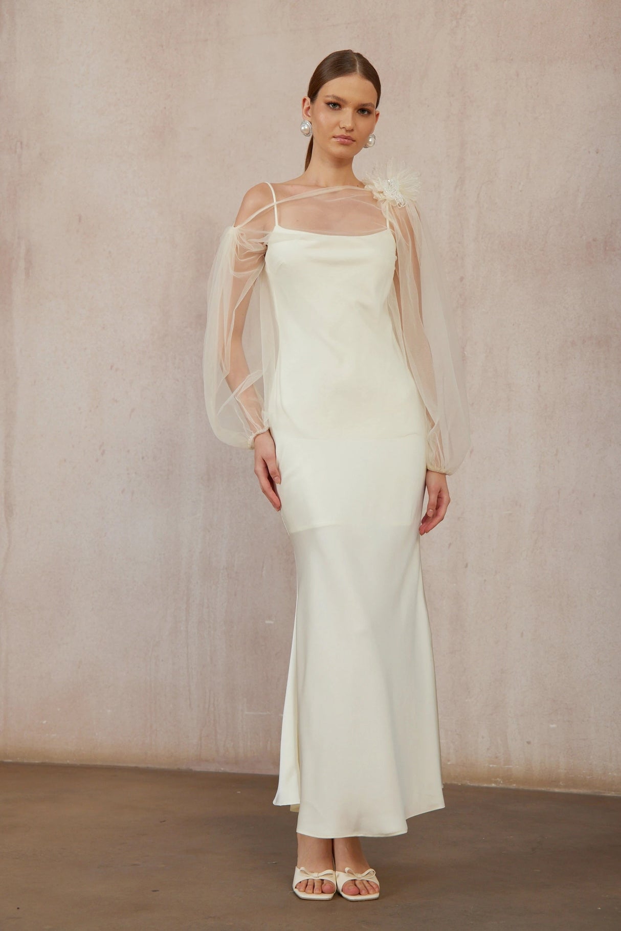 Héloïse White Floral Tulle Blouse  Satin Dress Set