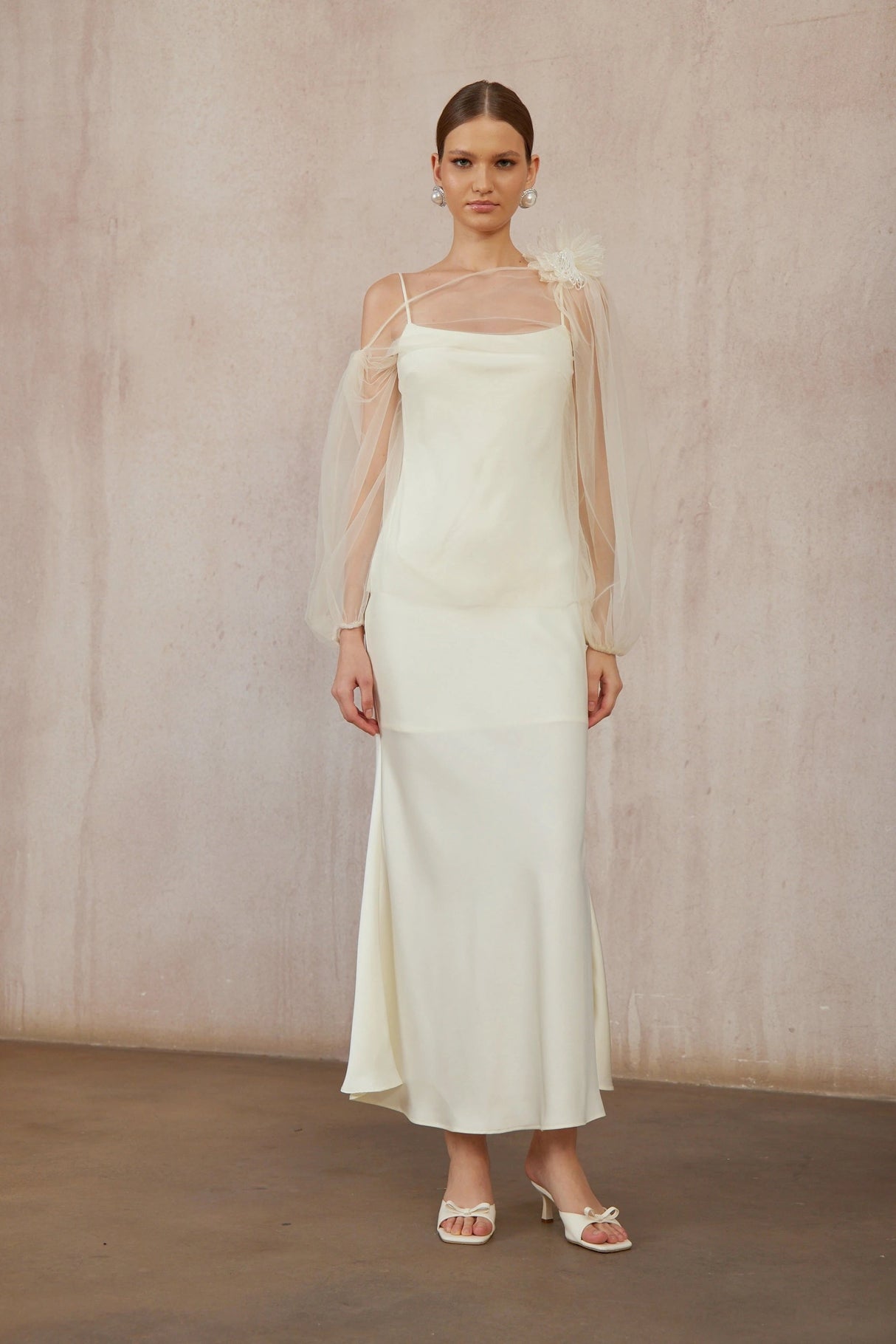 Héloïse White Floral Tulle Blouse  Satin Dress Set