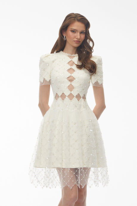 Leilani Mini Dress Ivory Sequin with Mesh Panels