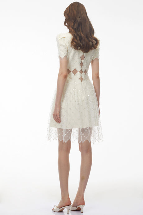 Leilani Mini Dress Ivory Sequin with Mesh Panels