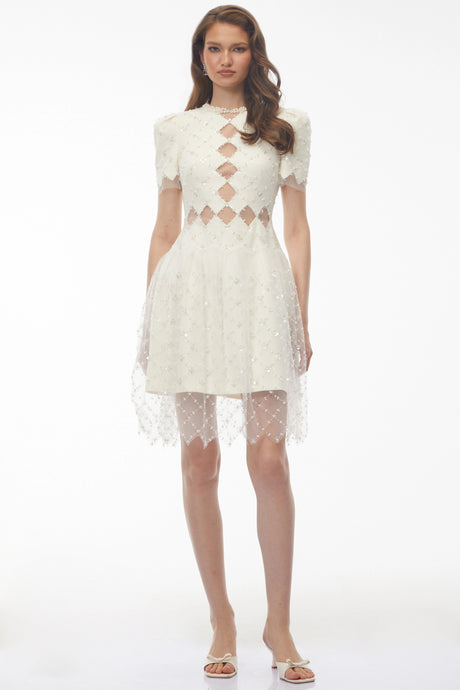 Leilani Mini Dress Ivory Sequin with Mesh Panels