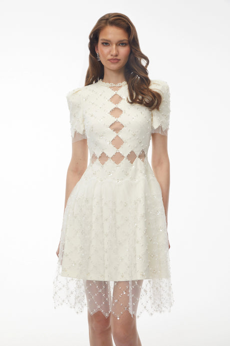 Leilani Mini Dress Ivory Sequin with Mesh Panels