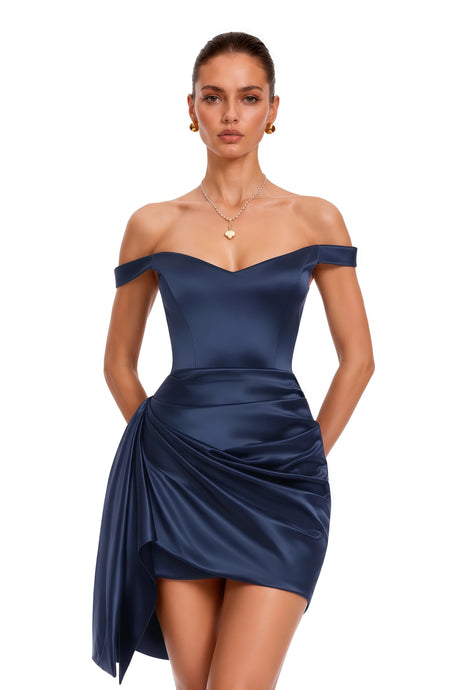 Laney Mini Dress Navy Blue Off Shoulder Asymmetrical Draped