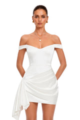 Hermia White Off Shoulder Asymmetrical Draped Mini Dress