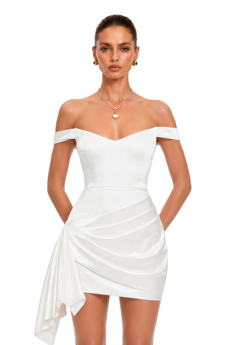 Valeriana Mini Dress White Off Shoulder Asymmetrical Draped