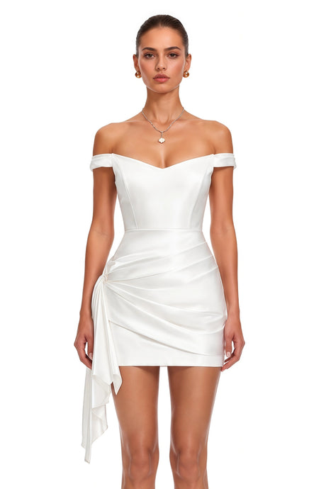 Valeriana Mini Dress White Off Shoulder Asymmetrical Draped
