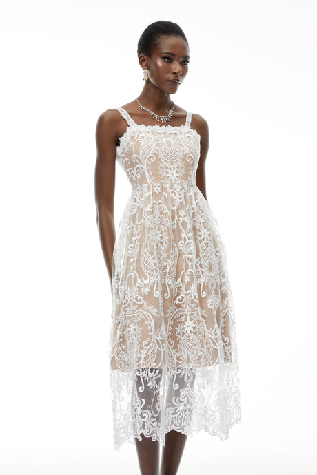Stefania Midi Dress White Floral Embroidered Lace
