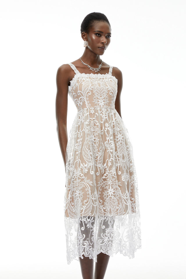 Hermione White Floral Embroidered Lace Midi Dress