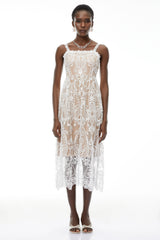 Hermione White Floral Embroidered Lace Midi Dress