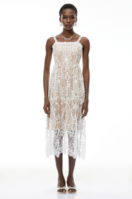 Stefania Midi Dress White Floral Embroidered Lace