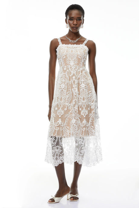 Stefania Midi Dress White Floral Embroidered Lace