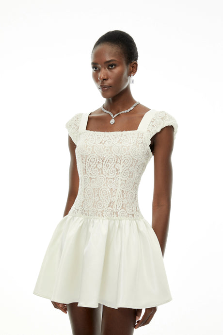 Eulalia Mini Dress White Square Neck with Lace Panels