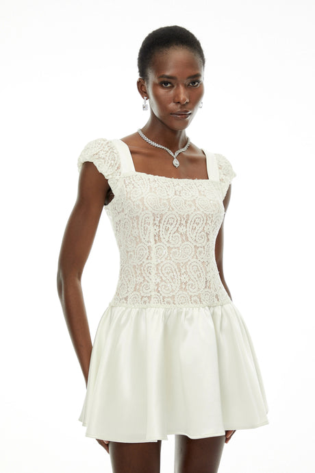 Eulalia Mini Dress White Square Neck with Lace Panels