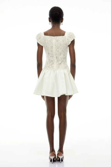 Eulalia Mini Dress White Square Neck with Lace Panels