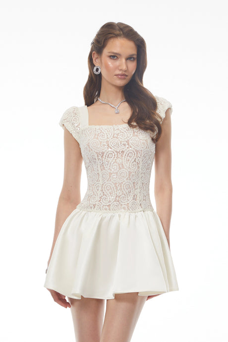 Elettra Mini Dress White Square Neck with Lace Panels