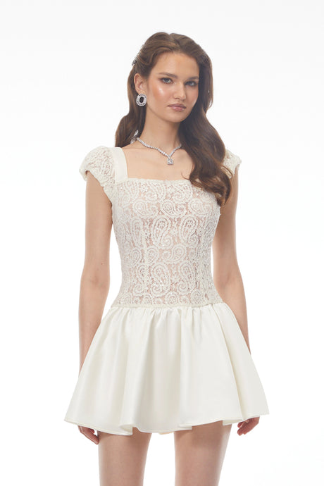 Elettra Mini Dress White Square Neck with Lace Panels