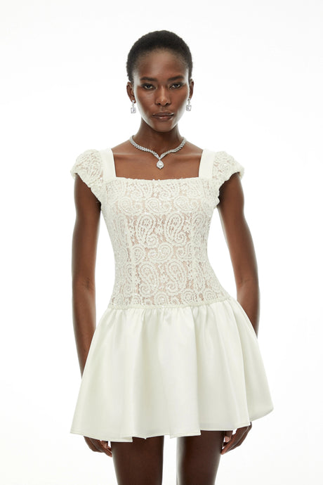 Eulalia Mini Dress White Square Neck with Lace Panels