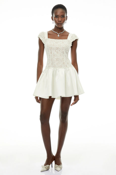 Eulalia Mini Dress White Square Neck with Lace Panels